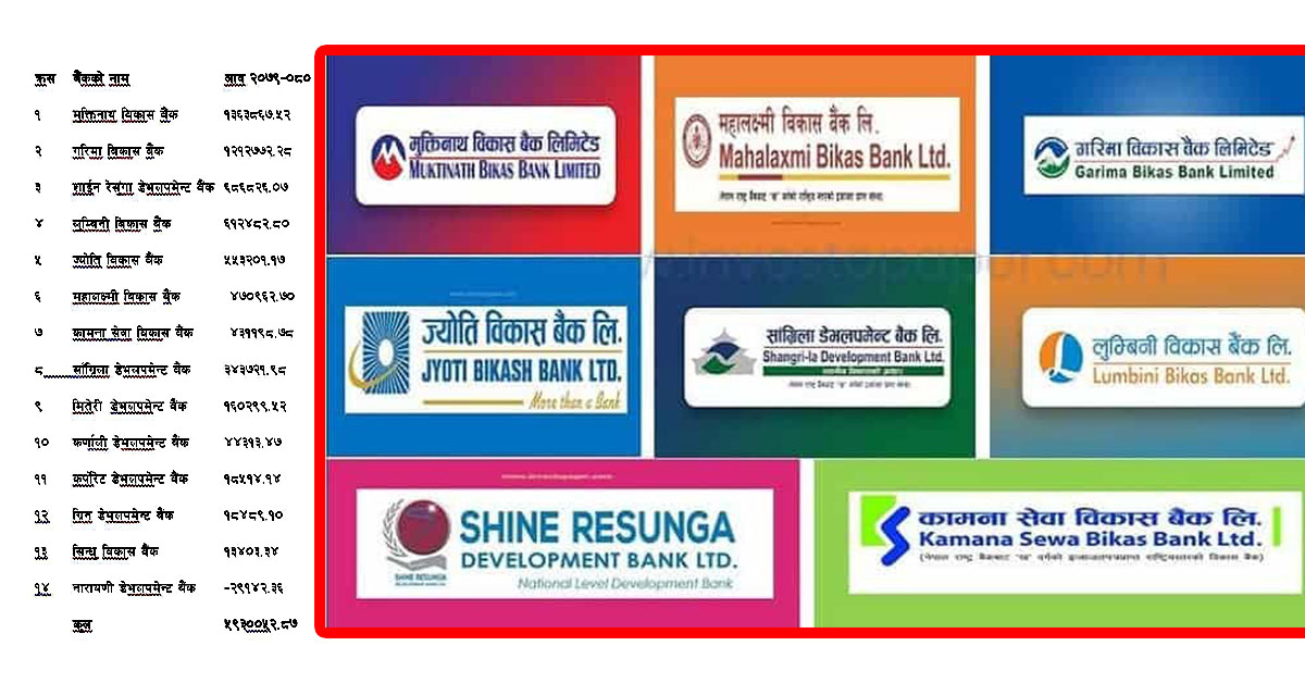 १४ वटा बिकास बैंकले एक बर्षमा कमाए छ अर्ब 