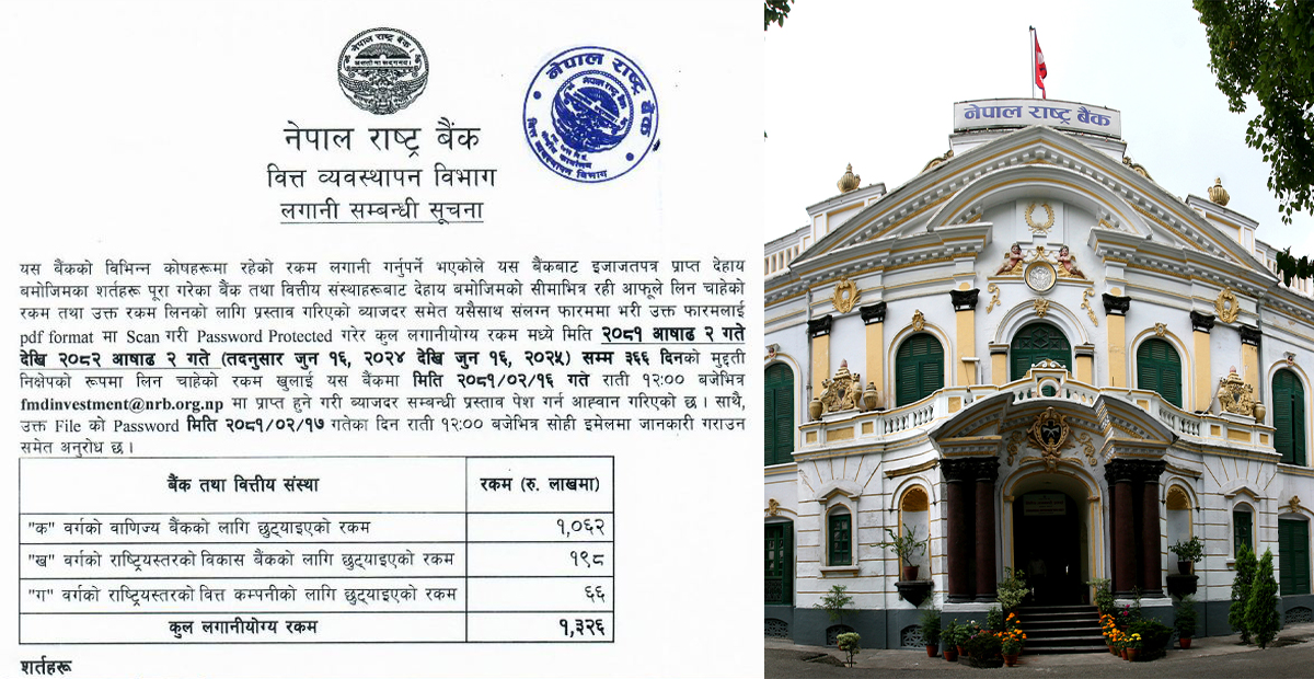 बैकिङ प्रणालीमा १३ करोड रुपैंयाँ संस्थागत निक्षेप राख्दै राष्ट्र बैंक