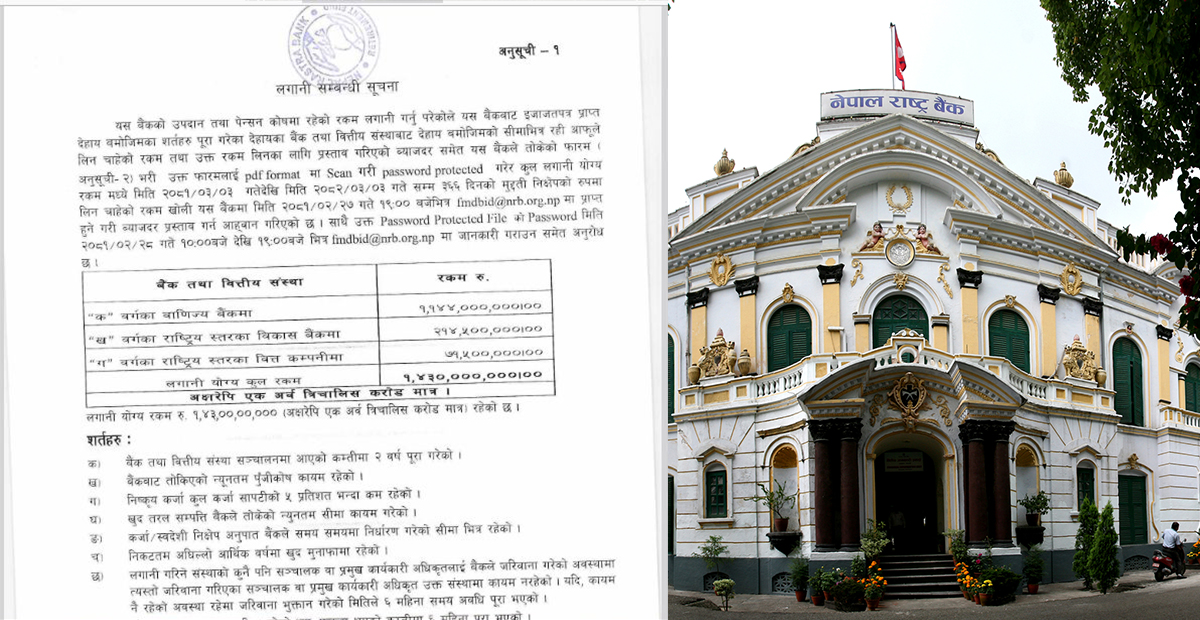 राष्ट्र बैंकले बैकिङ प्रणालीमा एक अर्ब ४३ करोड रुपैयाँ संस्थागत निक्षेप राख्ने