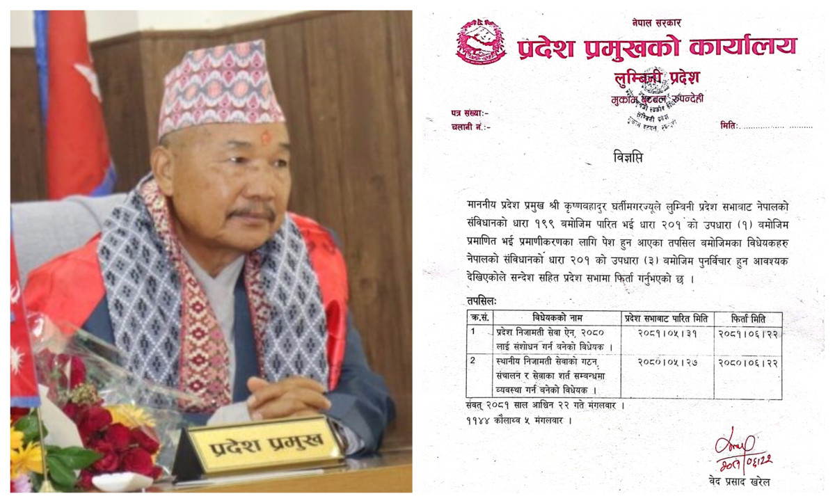 लुम्बिनीका प्रदेश प्रमुखले फिर्ता गरे दुई विधेयक