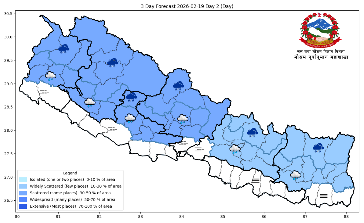 पश्चिमी वायुको प्रभाव: पहाडी–हिमाली क्षेत्रमा हल्का वर्षा र हिमपातको सम्भावना