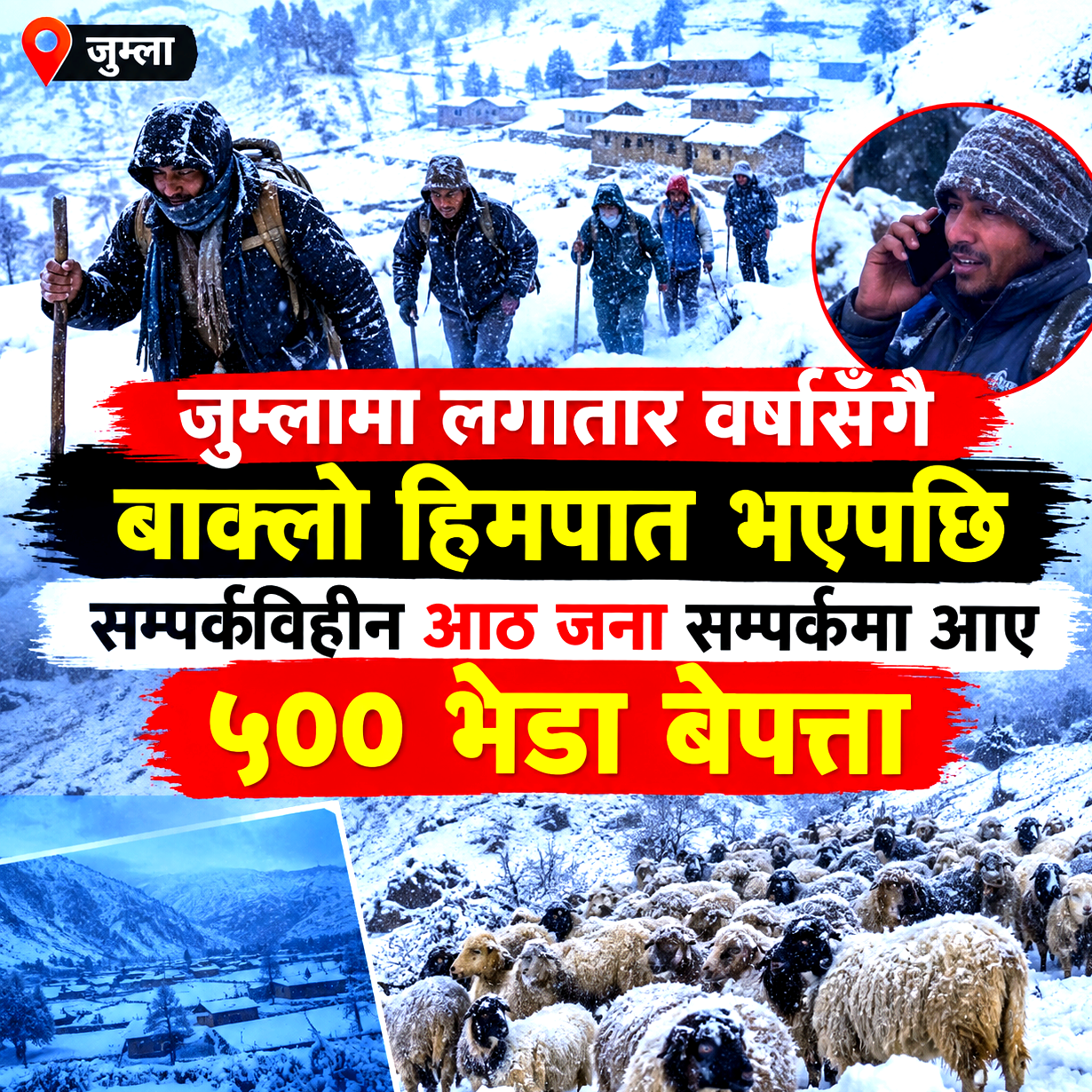 जुम्लामा लगातार वर्षासँगै बाक्लो हिमपात: सम्पर्कविहीन ८ गोठाला सम्पर्कमा आए, ५०० बढी भेडा सम्पर्कविहीन