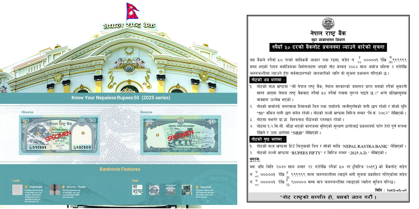 राष्ट्र बैंकले ल्यायो ५० रुपैयाँ दरको नयाँ बैंक नोट, पुरानै नोट पनि चल्ने