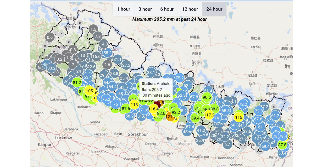 २४ घण्टामा सबैभन्दा बढी वर्षा पाल्पाको अर्चलेमा, २०५.२ मिलिमिटर मापन